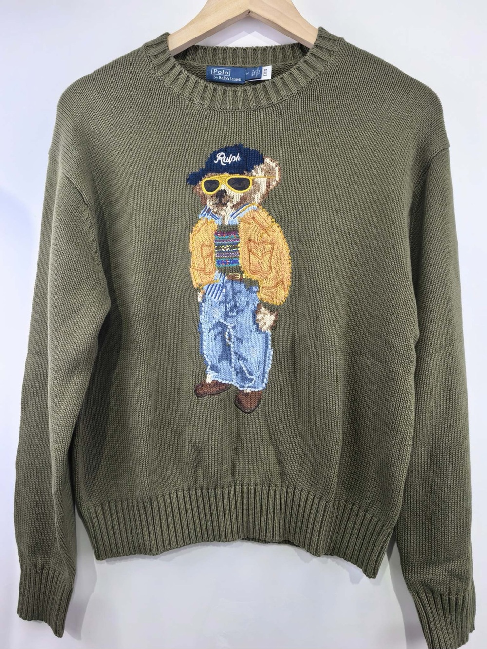 Polo by Ralph Lauren Olive Knit Sweater with Embroidered Bear Motif